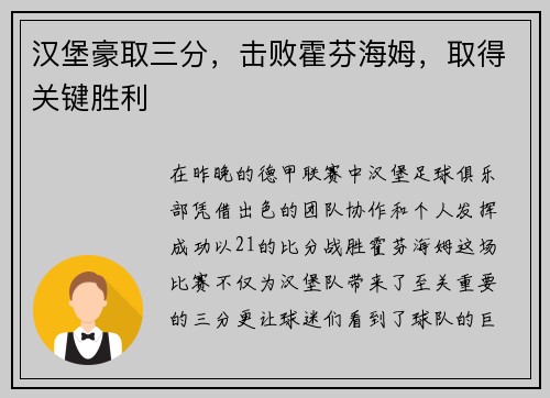 汉堡豪取三分，击败霍芬海姆，取得关键胜利