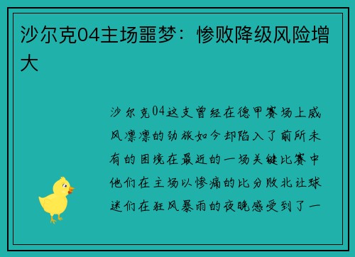 沙尔克04主场噩梦：惨败降级风险增大