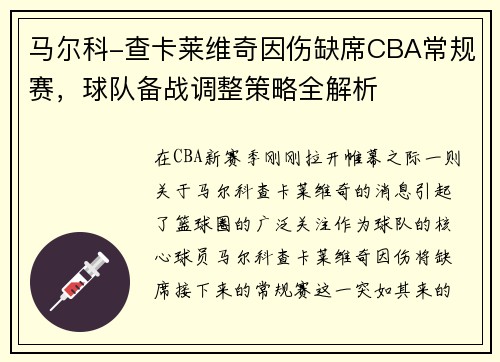 马尔科-查卡莱维奇因伤缺席CBA常规赛，球队备战调整策略全解析